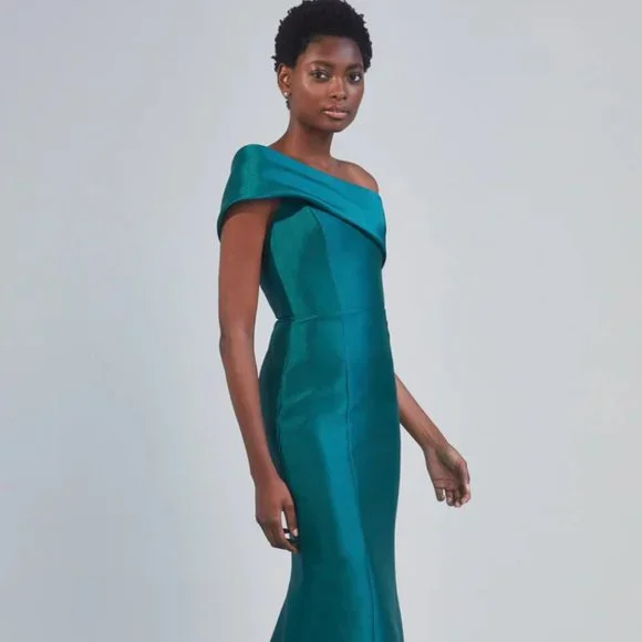 green emerald velvet dress Amsale Evening Peplum Train Gown P457M main image 0